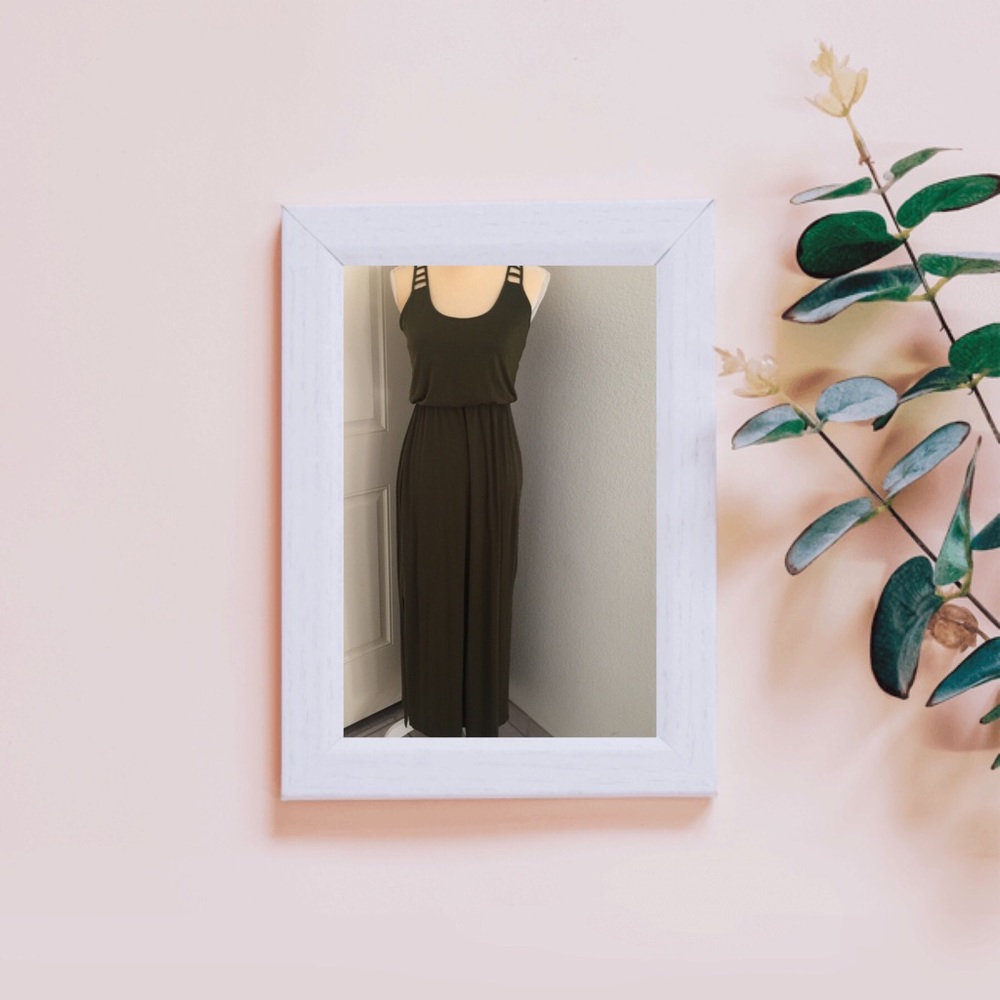Army green maxi dress. Sexy back detail